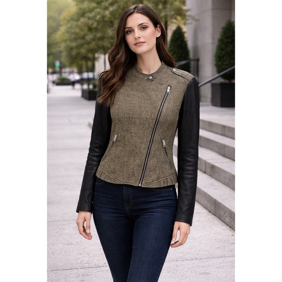 Burberry Brit Womens Gray Linen Wool Black Leather Contrast Moto Jacket Size 12